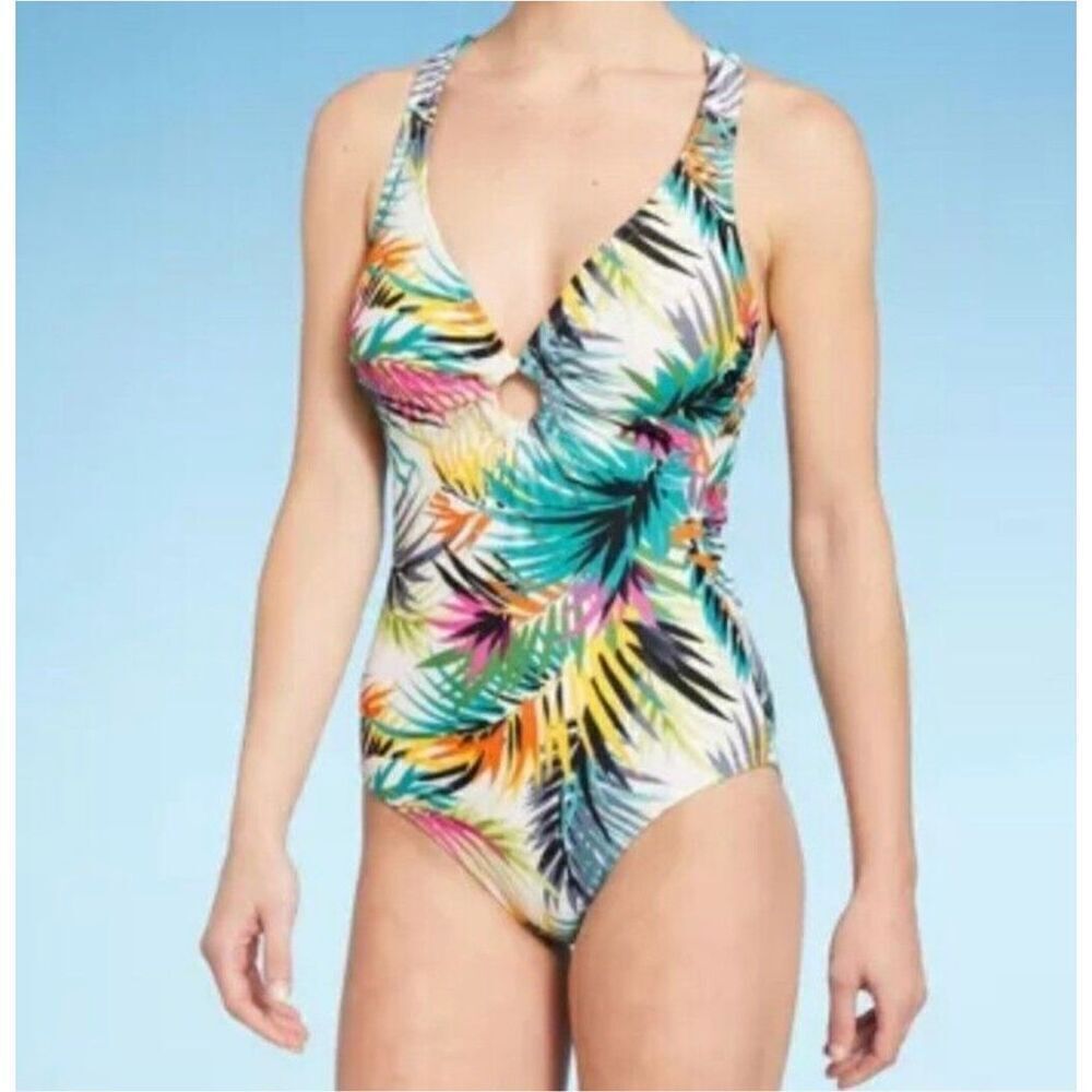 🌸 Shade and Shore Deep Plunge Tropical Palm One Piece Swimsuit Size Small New